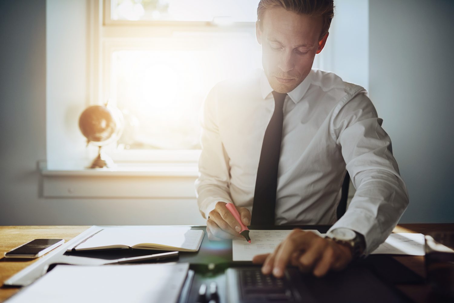 Executive business man working on accounts. Accountability, corporate, management, office, decision.