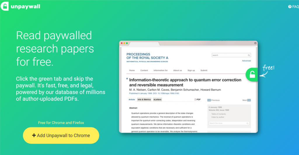A screenshot of the homepage of Unpaywall.
