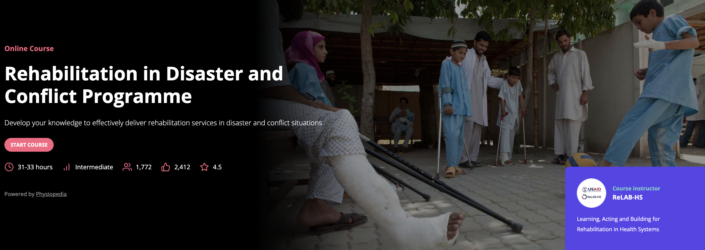 Advert for the Physiopedia Plus rehabilitation in disaster and conflict programme